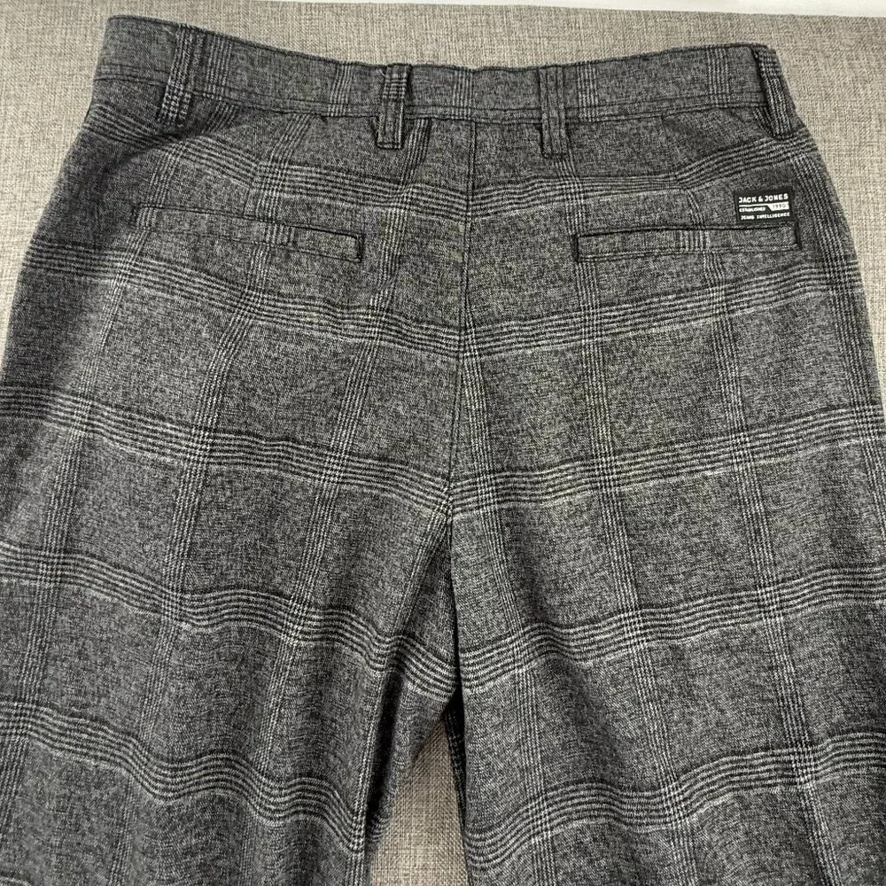 Mens Jack & Jones Plaid Pants Gray Black White Side Stripe Trousers 32x34 casual